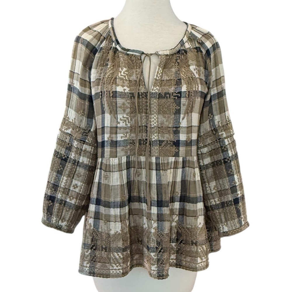 Johnny Was 3J Workshop Embroidered Plaid Tunic Blouse Boho Neutral Small